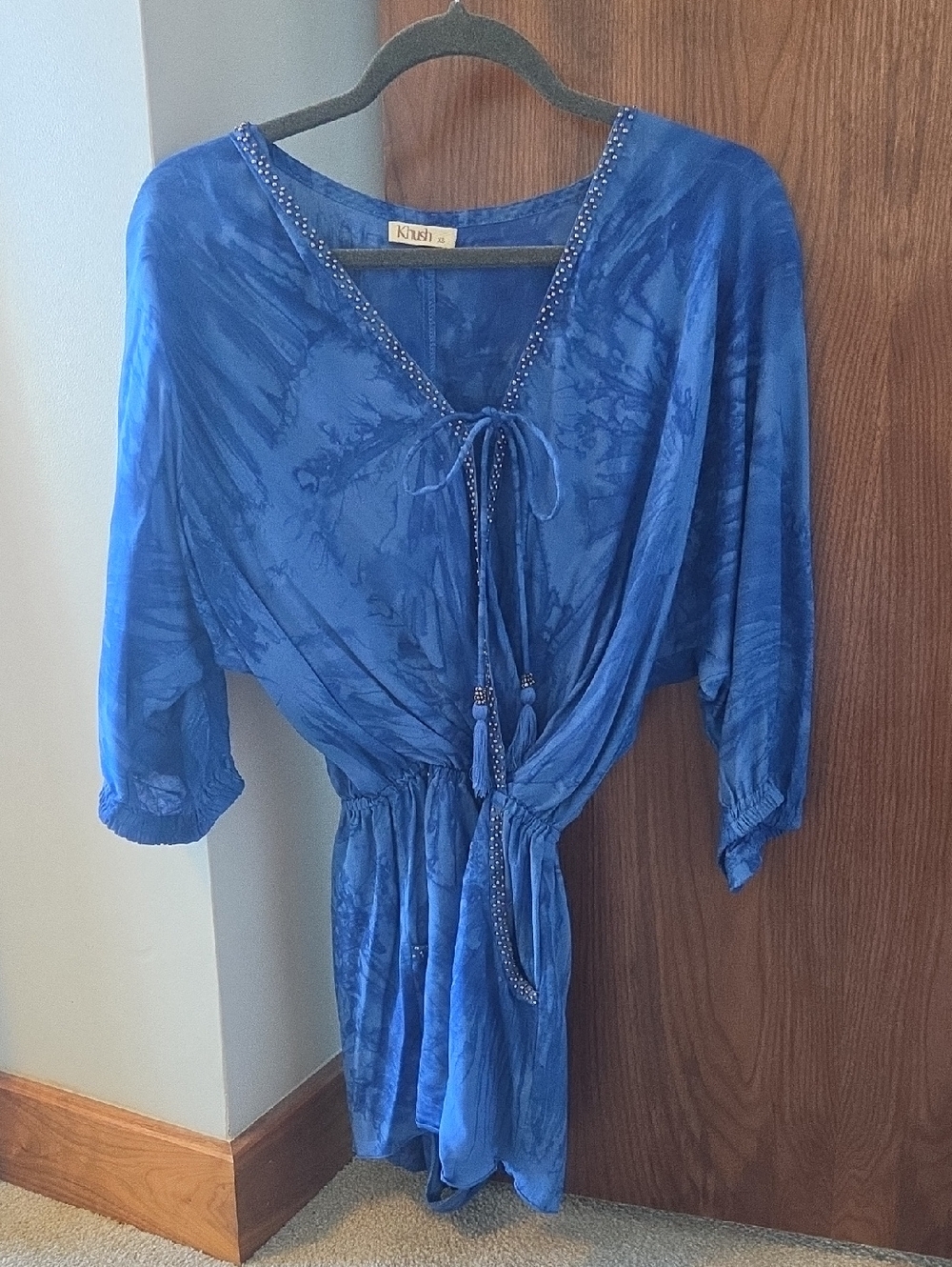Krush Royal Blue Tie-Front Beaded V-Neck Romper With Pockets